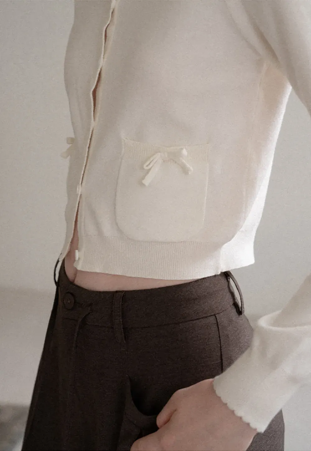 Button Front Cardigan with Drawstring Detail Woolen Knit Sweater