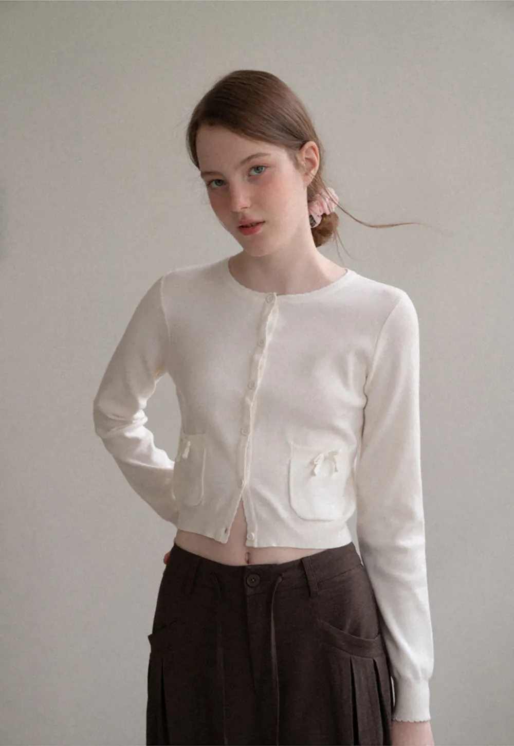 Button Front Cardigan with Drawstring Detail Woolen Knit Sweater
