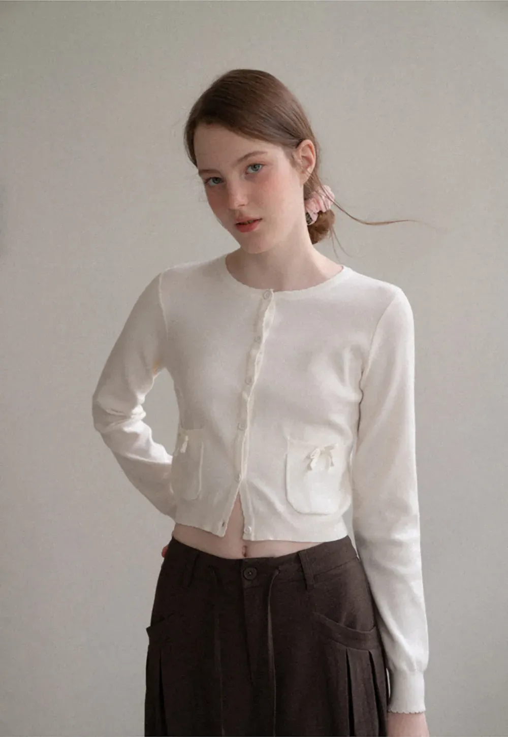 Button Front Cardigan with Drawstring Detail Woolen Knit Sweater