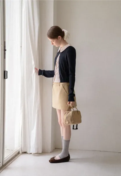 Button Front Cardigan with Drawstring Detail Woolen Knit Sweater