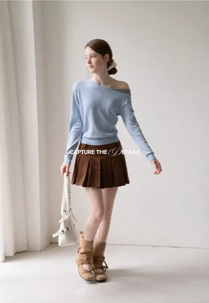Off Shoulder Long Sleeve Woolen Knit Sweater