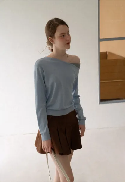 Off Shoulder Long Sleeve Woolen Knit Sweater