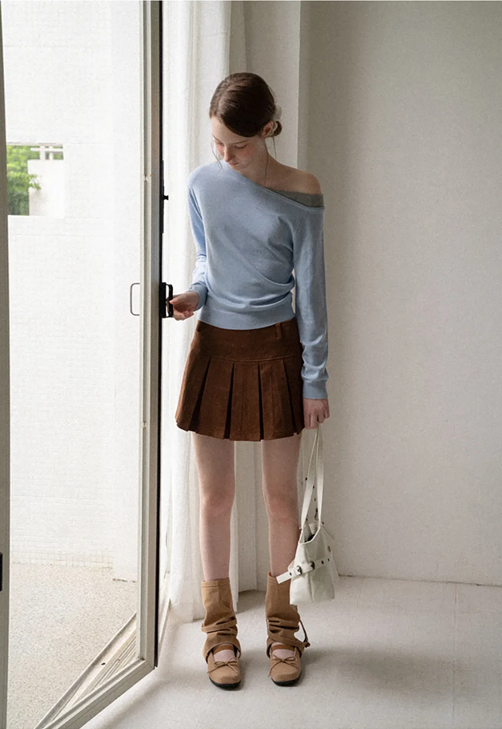 Off Shoulder Long Sleeve Woolen Knit Sweater
