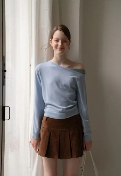 Off Shoulder Long Sleeve Woolen Knit Sweater