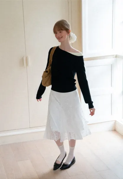 Off Shoulder Long Sleeve Woolen Knit Sweater