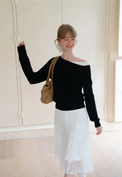 Off Shoulder Long Sleeve Woolen Knit Sweater