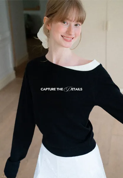 Off Shoulder Long Sleeve Woolen Knit Sweater