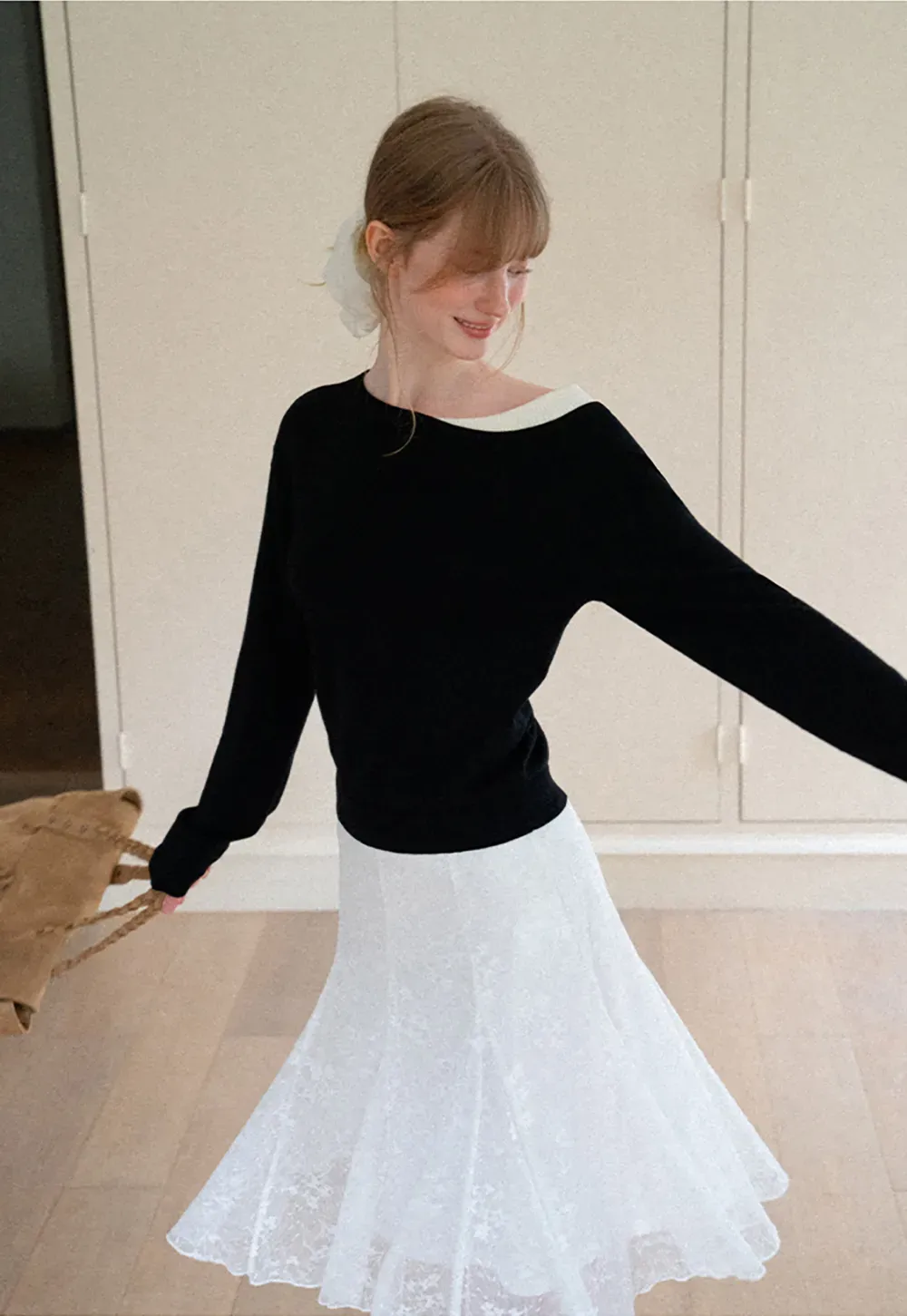 Off Shoulder Long Sleeve Woolen Knit Sweater