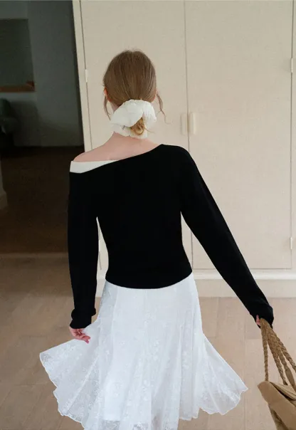 Off Shoulder Long Sleeve Woolen Knit Sweater