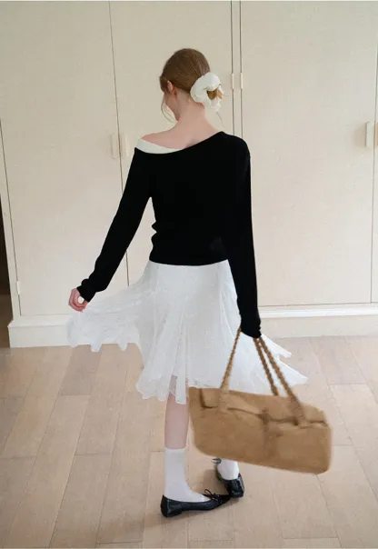Off Shoulder Long Sleeve Woolen Knit Sweater