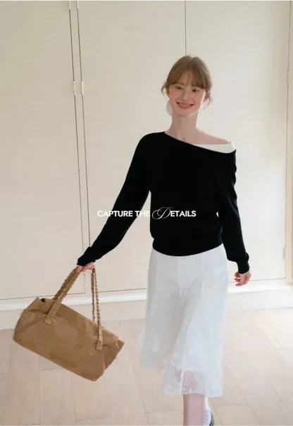 Off Shoulder Long Sleeve Woolen Knit Sweater