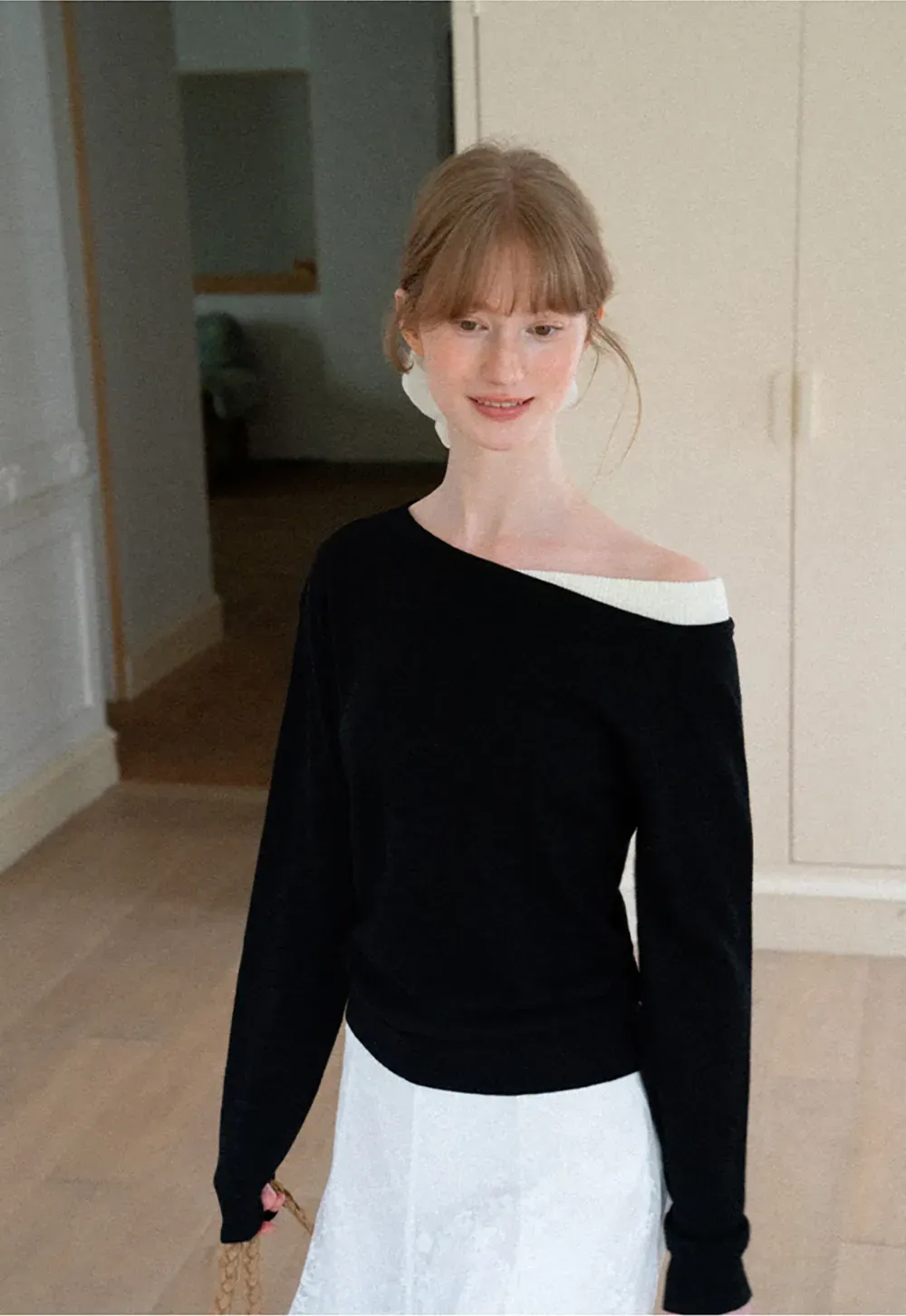Off Shoulder Long Sleeve Woolen Knit Sweater