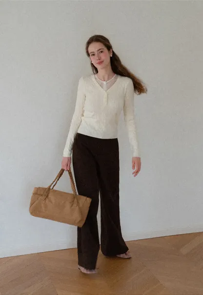 V Neck Lace Trim Ribbed Knit Sweater