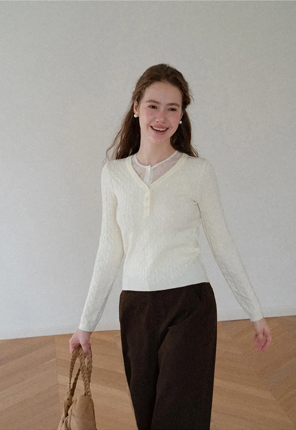 V Neck Lace Trim Ribbed Knit Sweater