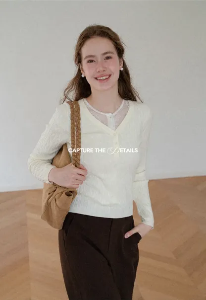 V Neck Lace Trim Ribbed Knit Sweater