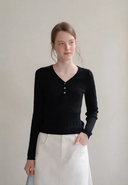 V Neck Lace Trim Ribbed Knit Sweater