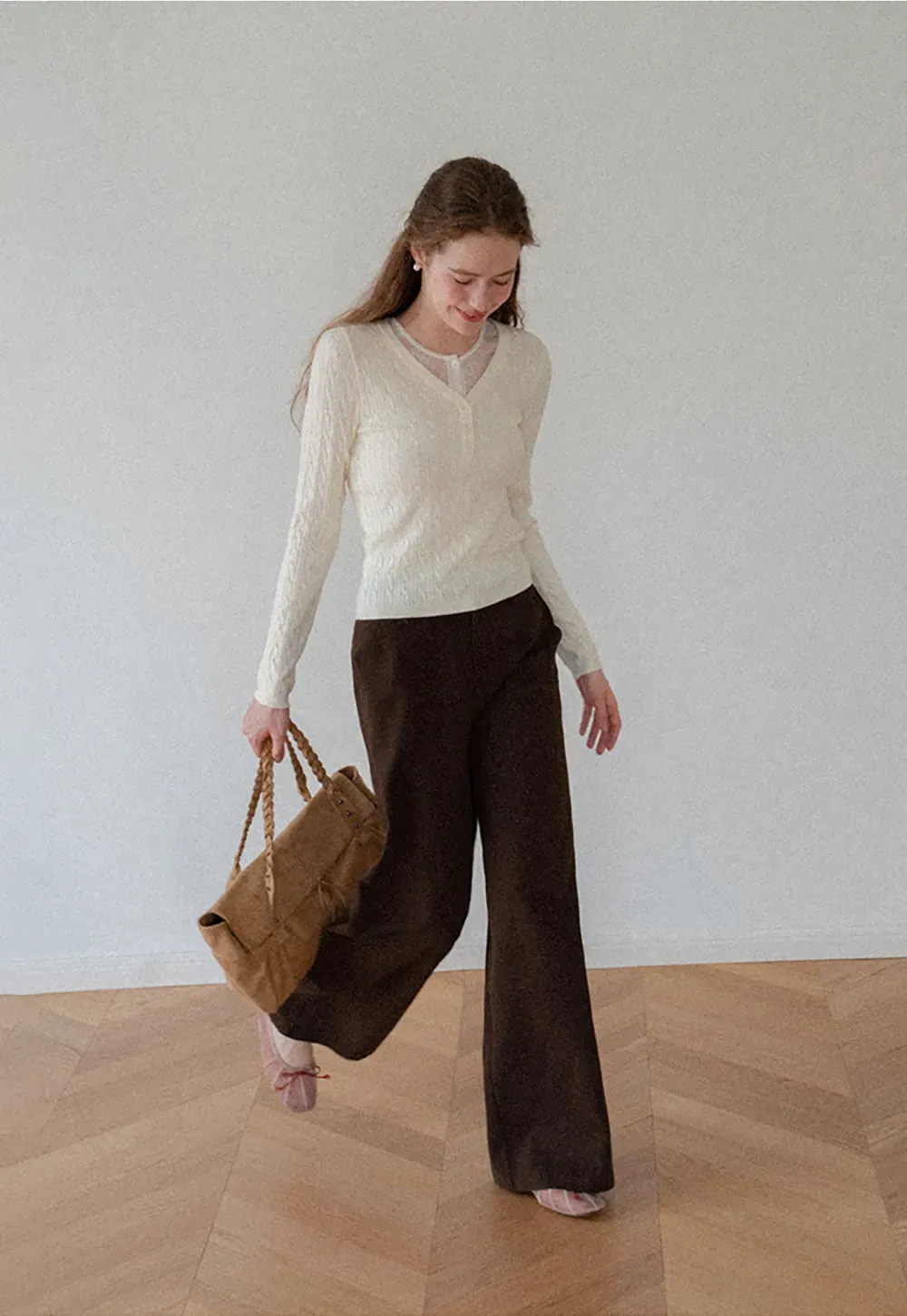 V Neck Lace Trim Ribbed Knit Sweater