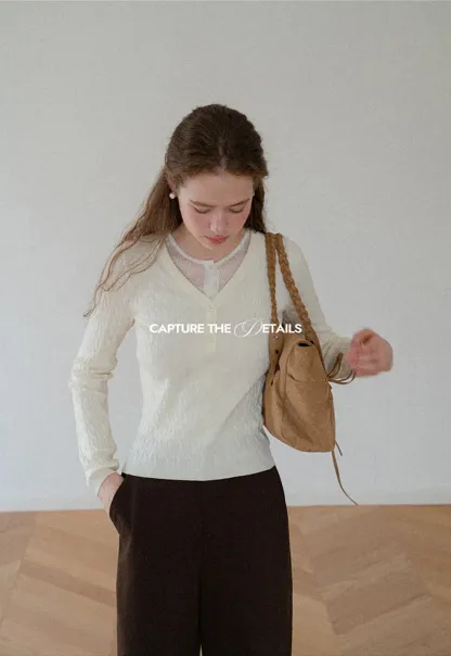 V Neck Lace Trim Ribbed Knit Sweater