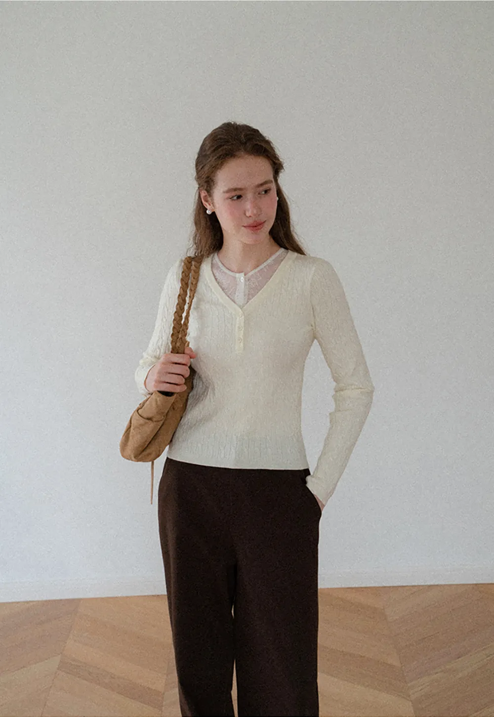 V Neck Lace Trim Ribbed Knit Sweater