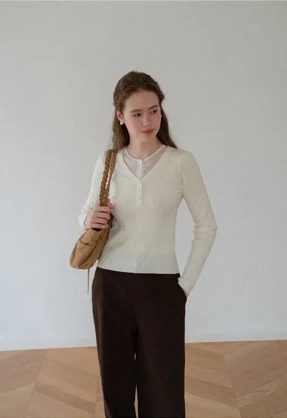 V Neck Lace Trim Ribbed Knit Sweater