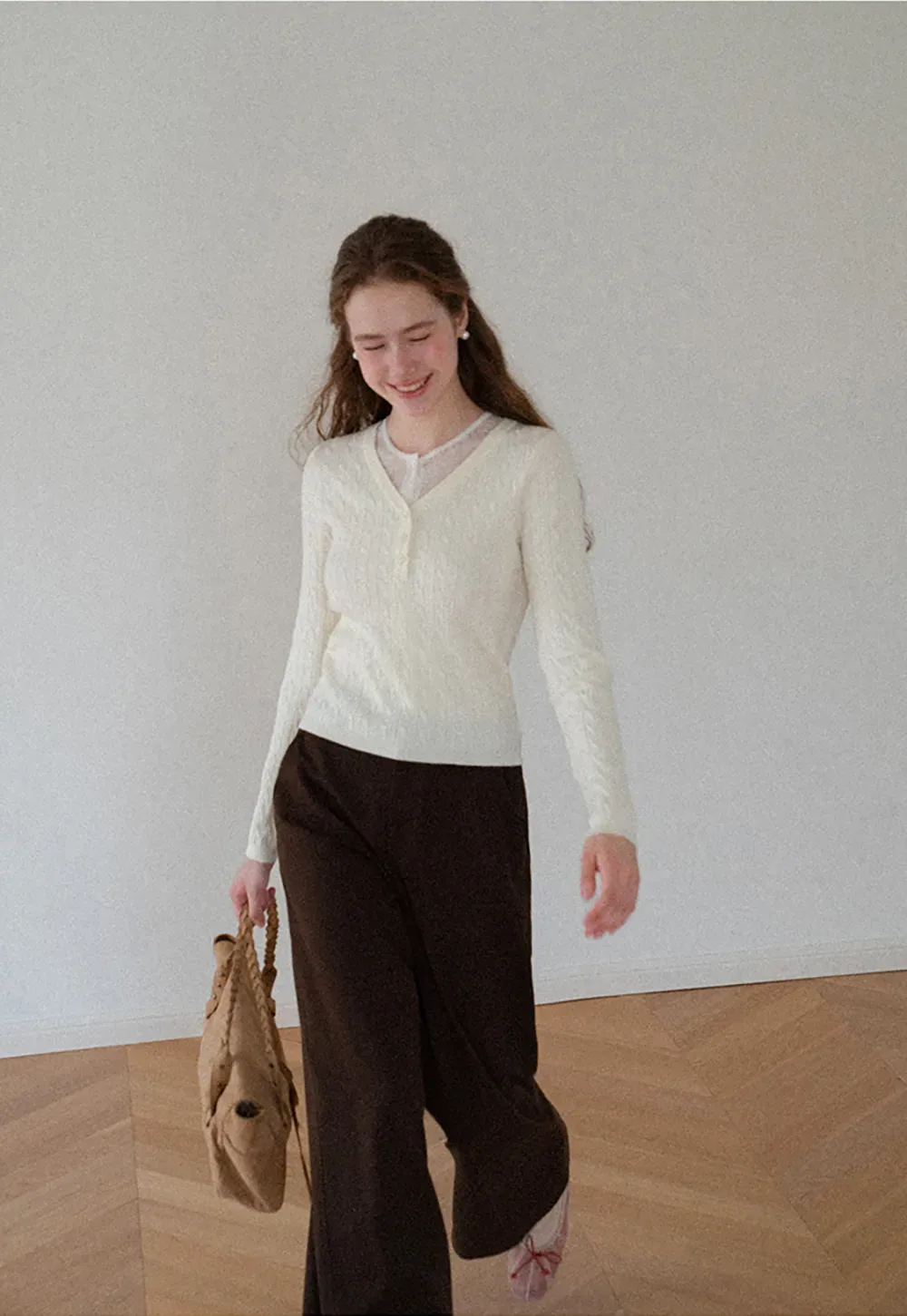 V Neck Lace Trim Ribbed Knit Sweater