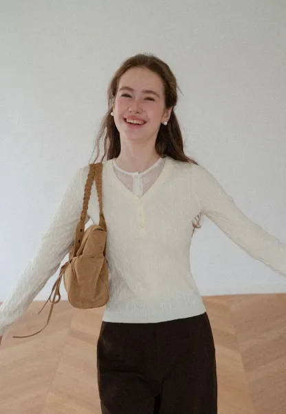 V Neck Lace Trim Ribbed Knit Sweater