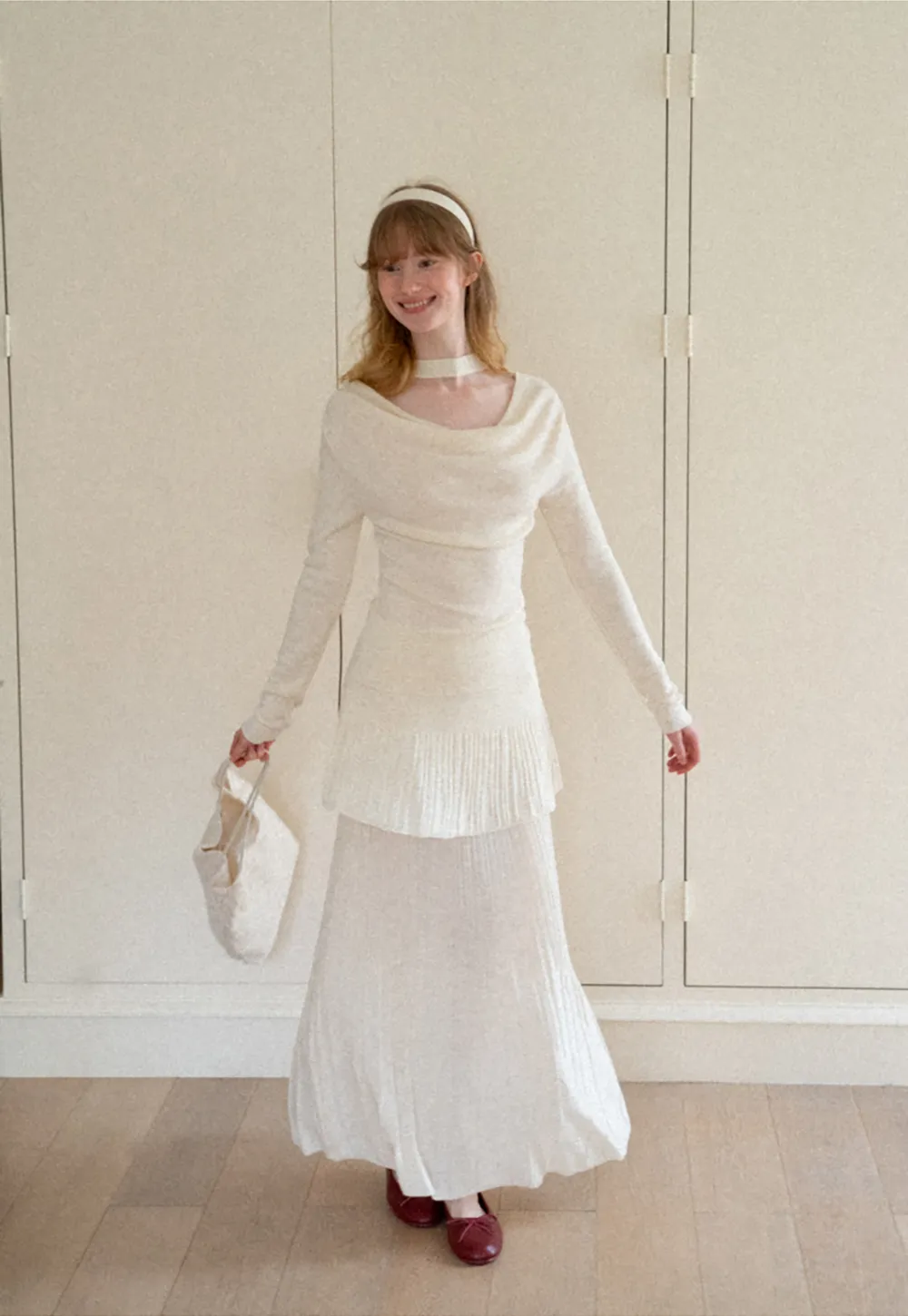 Tiered Pleated Knit Midi Skirt