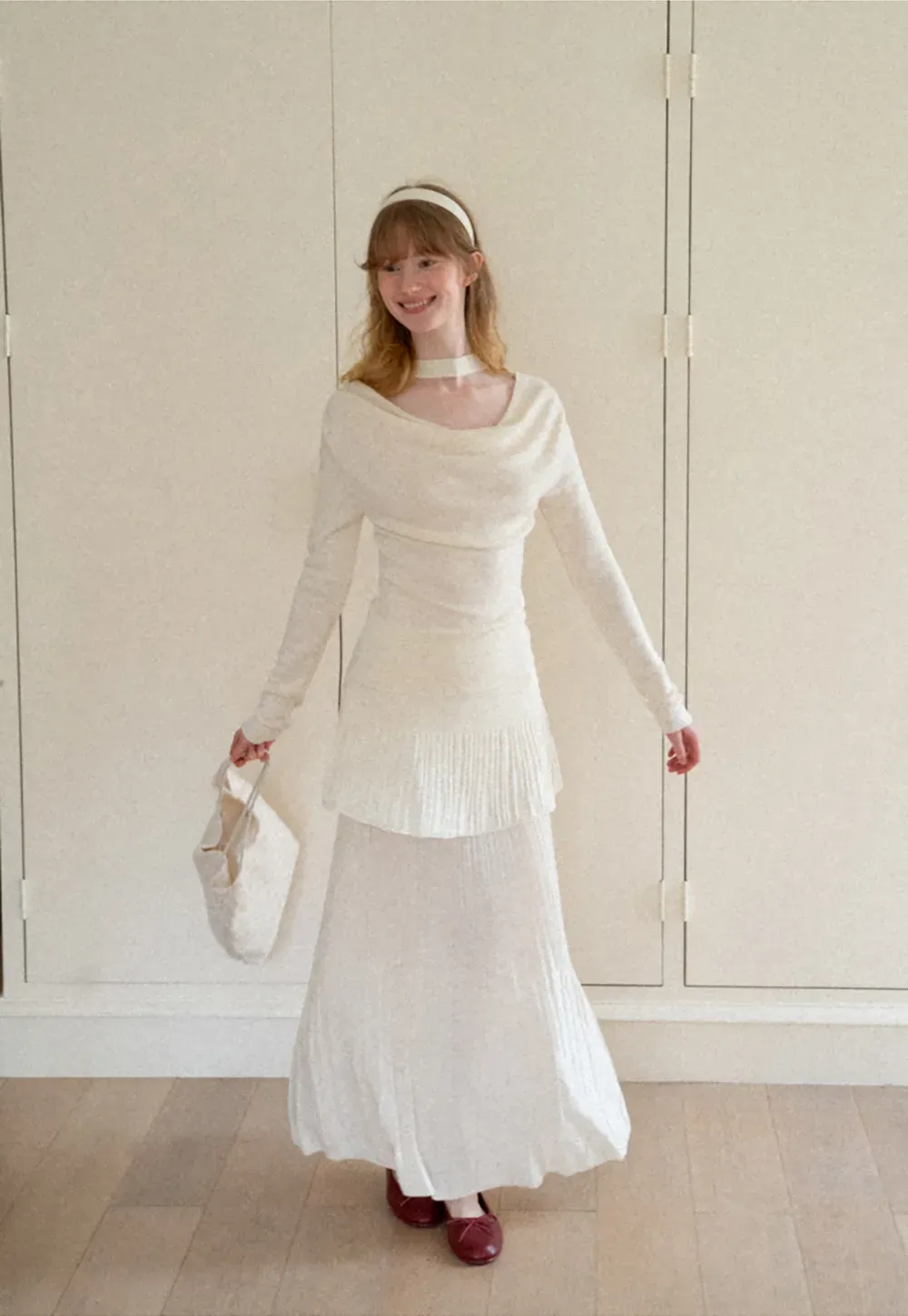 Tiered Pleated Knit Midi Skirt