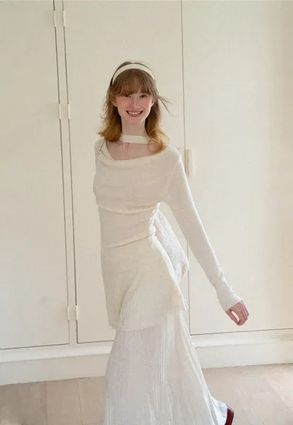 Tiered Pleated Knit Midi Skirt