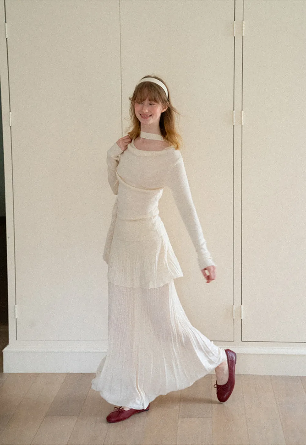 Tiered Pleated Knit Midi Skirt