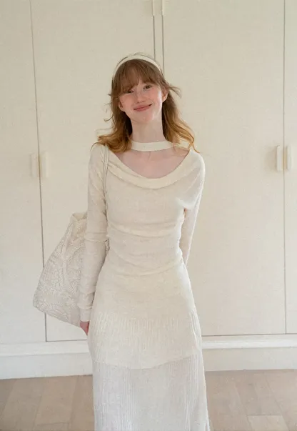 Tiered Pleated Knit Midi Skirt