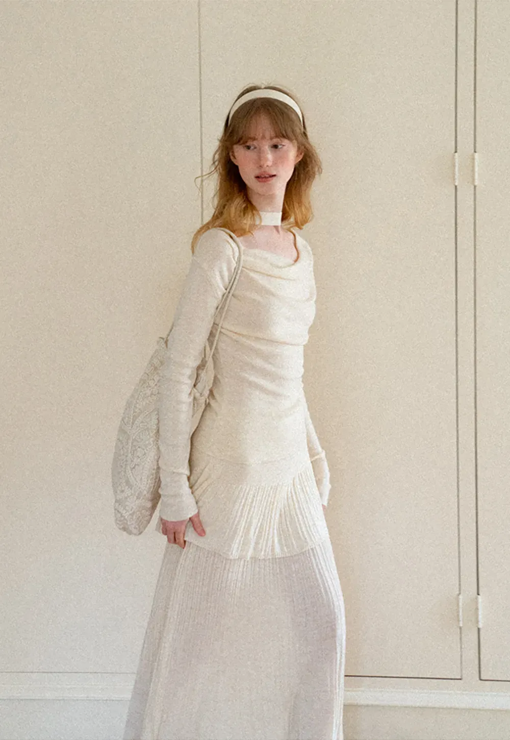 Tiered Pleated Knit Midi Skirt