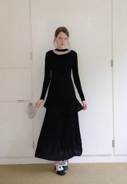 Tiered Pleated Knit Midi Skirt