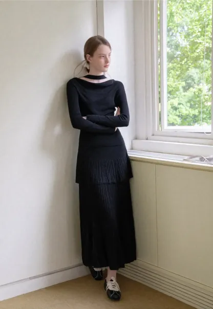 Tiered Pleated Knit Midi Skirt