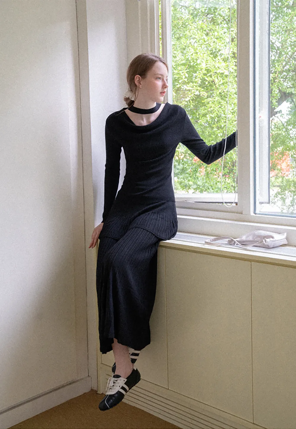 Tiered Pleated Knit Midi Skirt