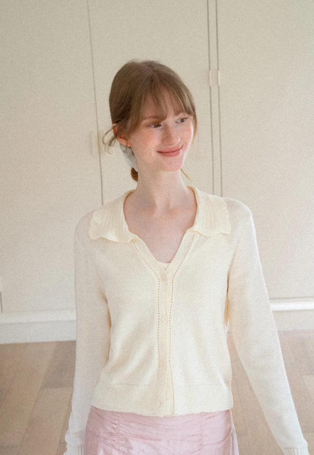 Ruffled Collar Button Front Knit Cardigan
