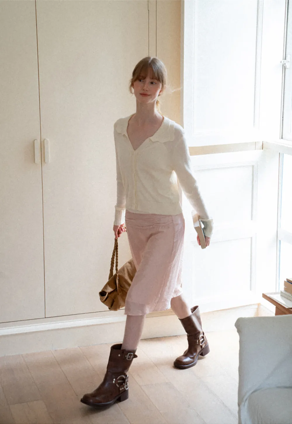 Ruffled Collar Button Front Knit Cardigan