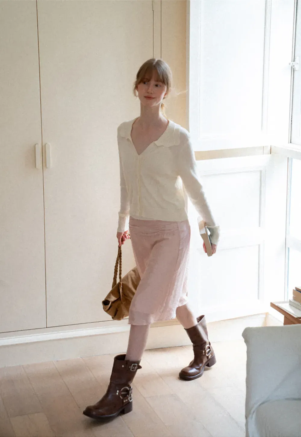 Ruffled Collar Button Front Knit Cardigan