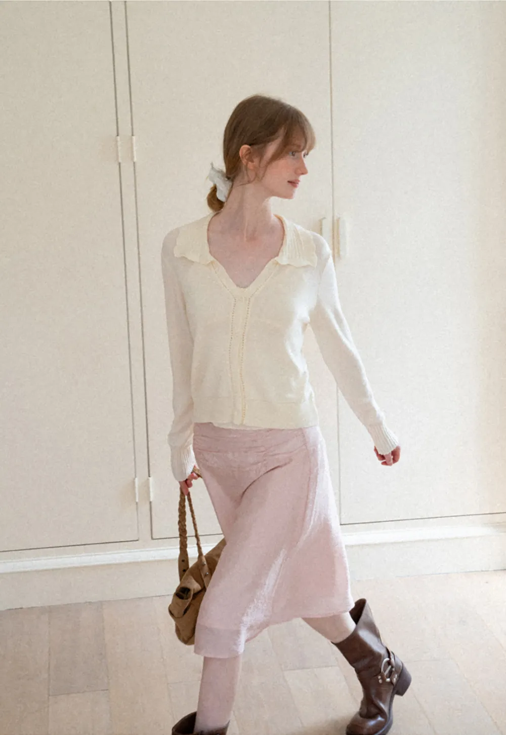 Ruffled Collar Button Front Knit Cardigan