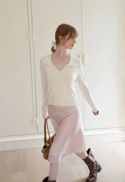 Ruffled Collar Button Front Knit Cardigan