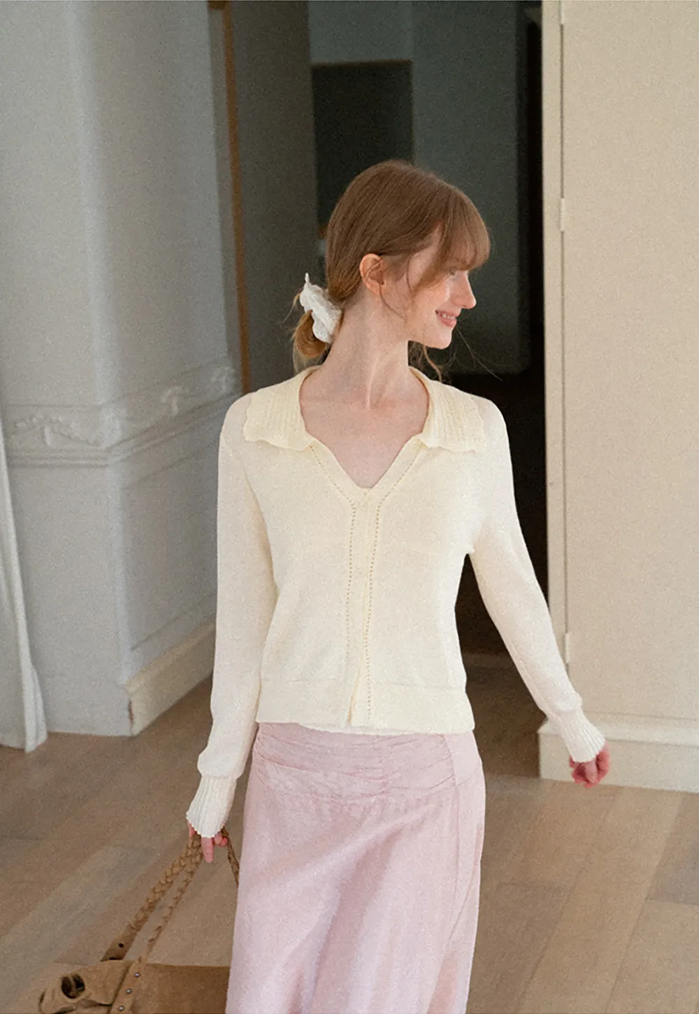 Ruffled Collar Button Front Knit Cardigan