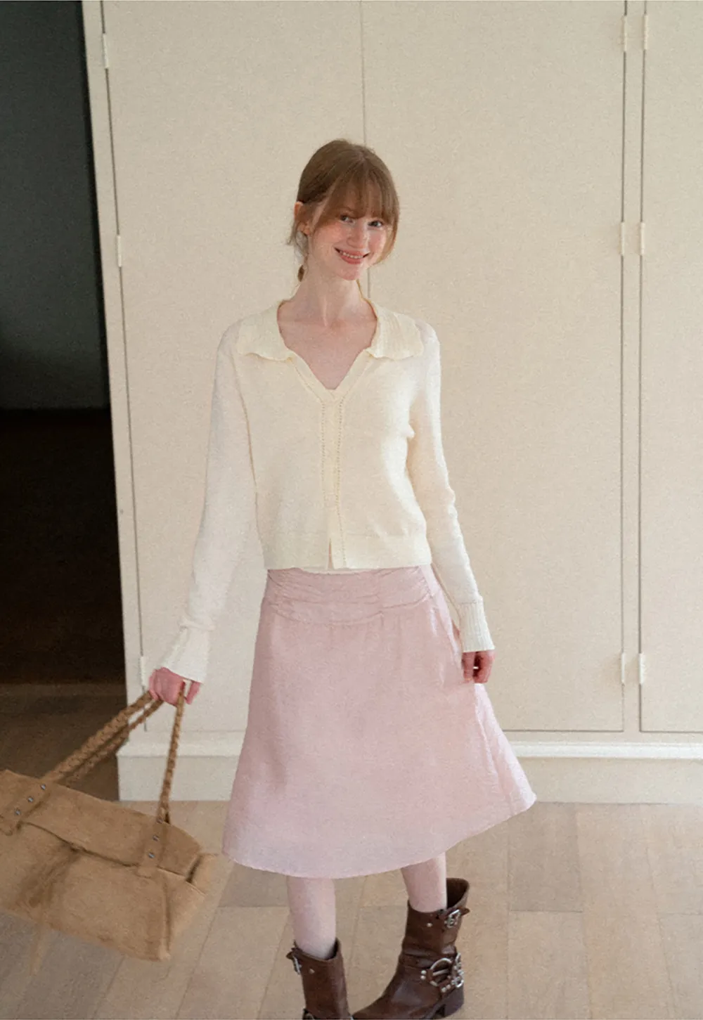 Ruffled Collar Button Front Knit Cardigan