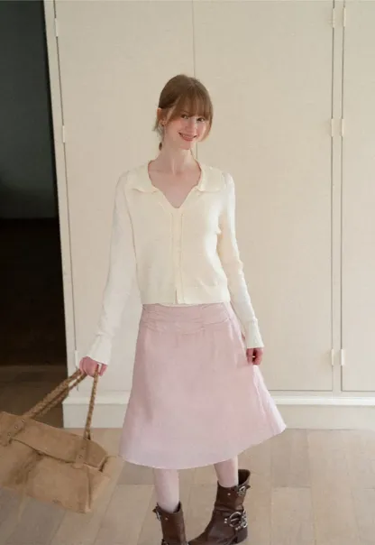 Ruffled Collar Button Front Knit Cardigan