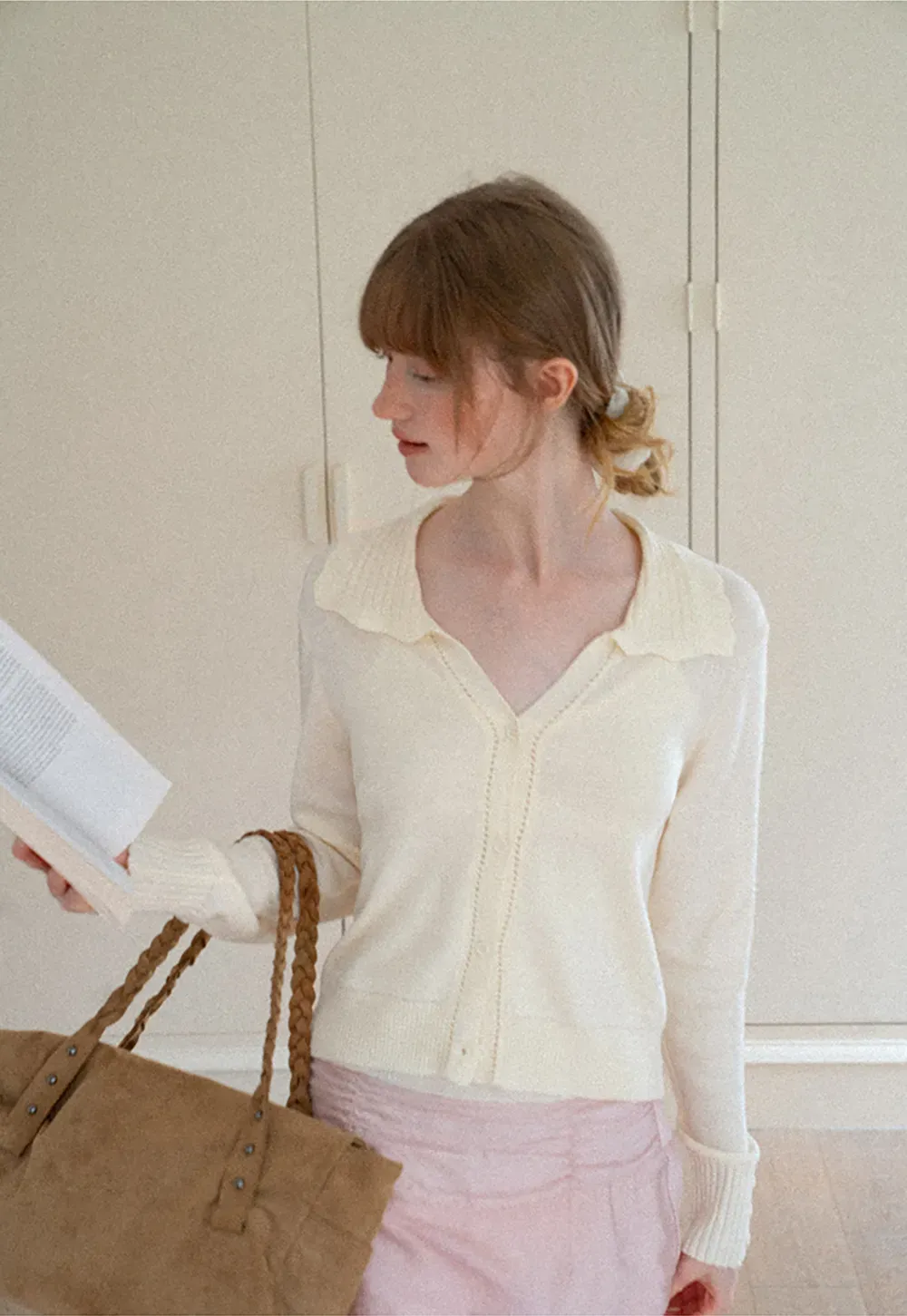 Ruffled Collar Button Front Knit Cardigan