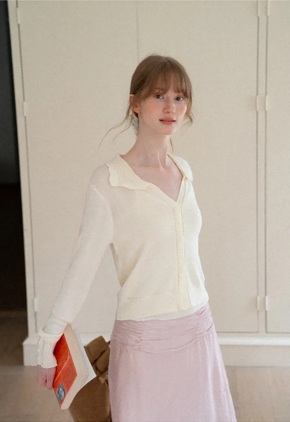 Ruffled Collar Button Front Knit Cardigan