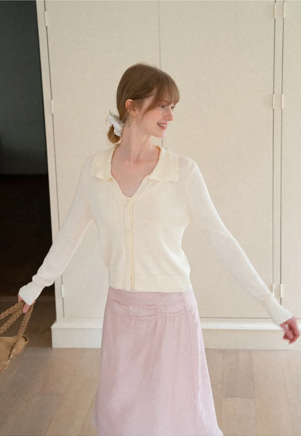 Ruffled Collar Button Front Knit Cardigan