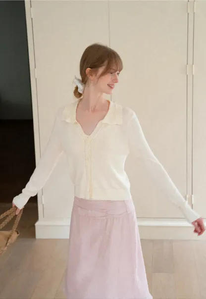 Ruffled Collar Button Front Knit Cardigan