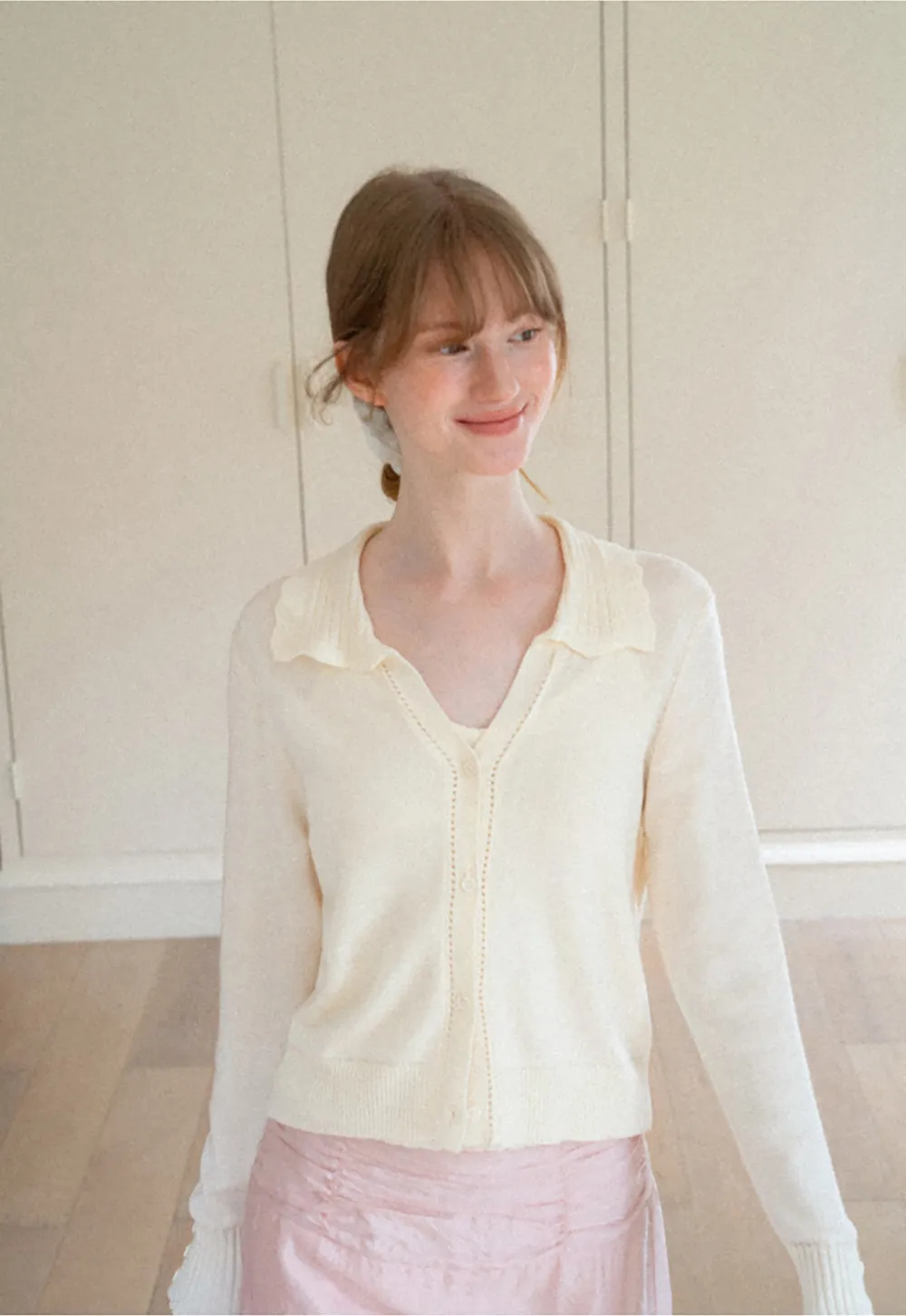 Ruffled Collar Button Front Knit Cardigan