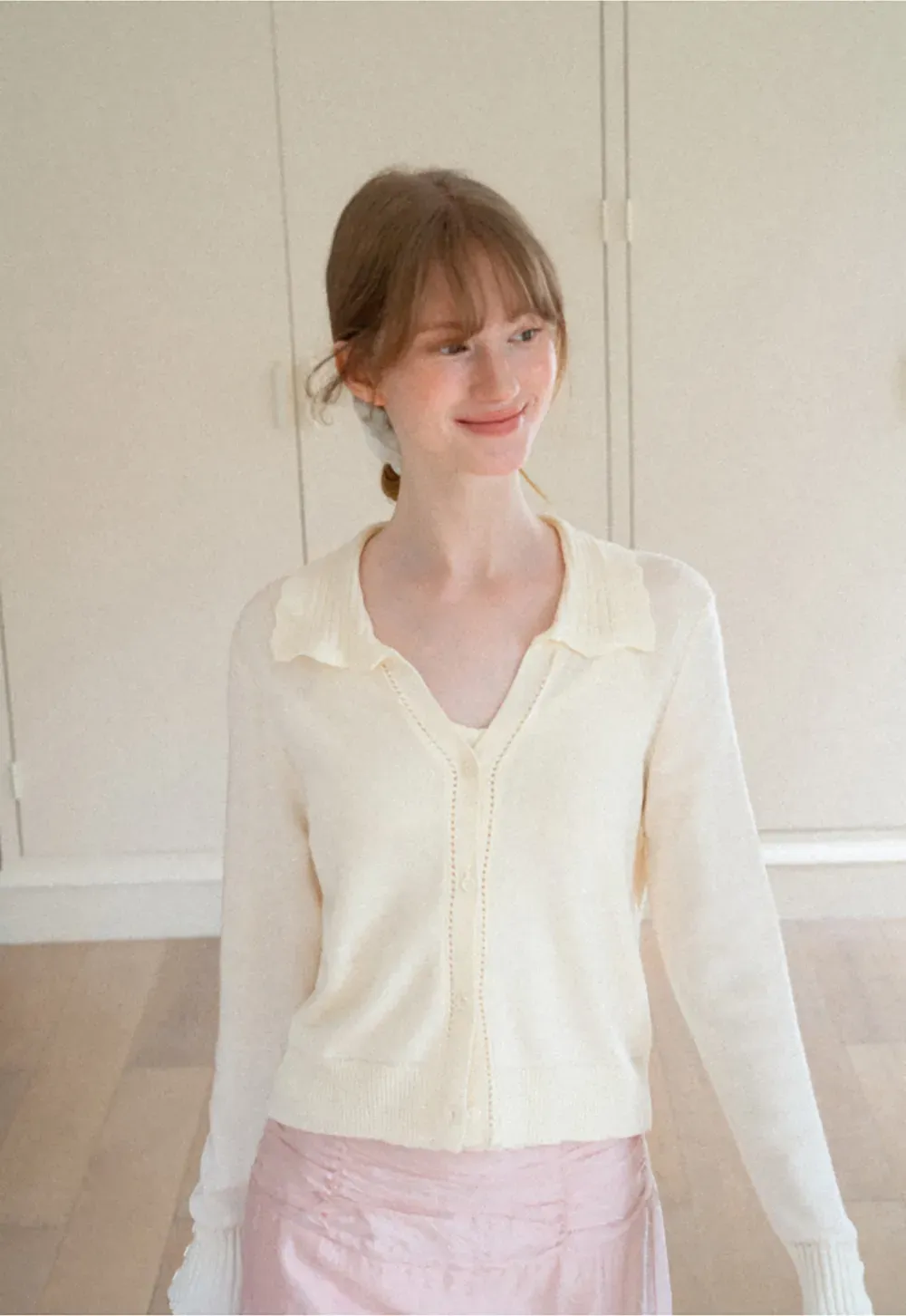 Ruffled Collar Button Front Knit Cardigan