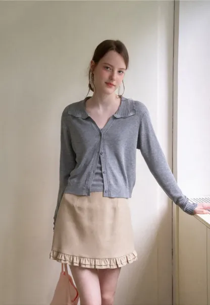 Ruffled Collar Button Front Knit Cardigan
